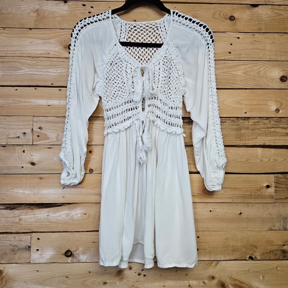 Anna Kosturova Handmade Crochet Boho Mini Dress White XS Long Sleeve Tassel Tie